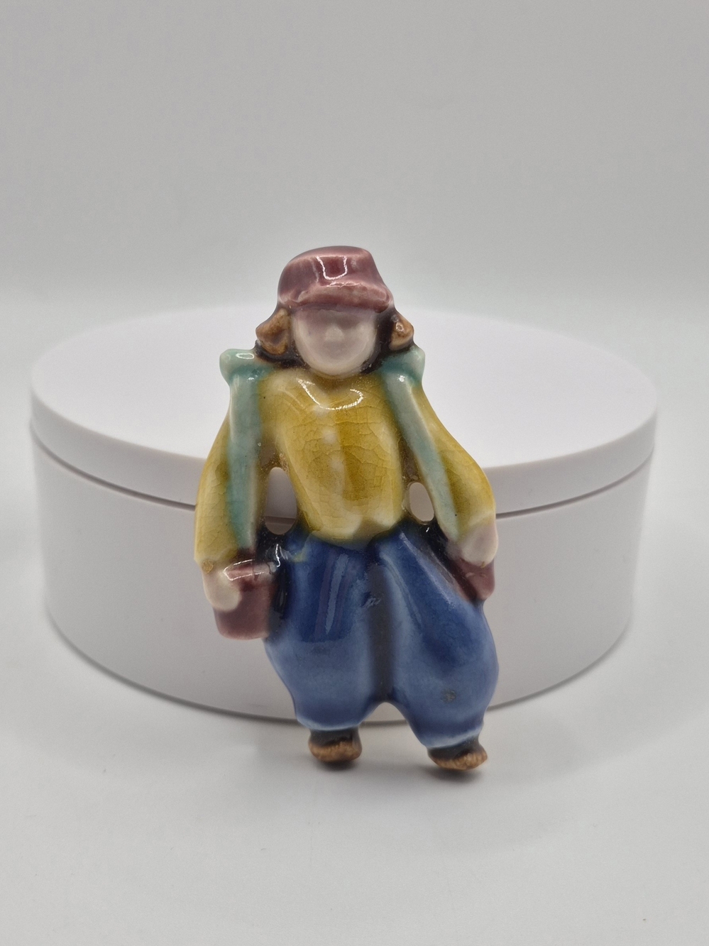 Vintage Folk Art Hand-Painted Dutch Farm Boy Carrying Water Pails Ceramic Pin